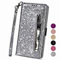 Dteck For Samsung Galaxy A20 /A30 Bling Wallet Case for Women 3 Card Holder Folio Flip Glitter Pu Leather Folding Stand Magnetic Purse Case with Strap Zipper Coin Change Money Pocket Silver