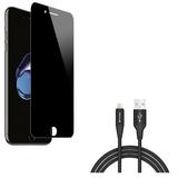 iPhone 8/7/6S/6 - Tempered Glass Privacy Screen Protector w Charger Cord 6ft USB Cable - Curved Anti-Spy Anti-Peep 3D Edge Case Friendly Power Wire Braided Long Sync for iPhone 8/7/6S/6