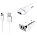 3-in-1 Type-C USB Chargers for Asus ZenFone AR ZenFone 3 Zoom/ Deluxe ZenFone 3 ZenFone 3 Ultra - (White)- 2.1Ah Car Charger + Home Travel AC Charger Adaptor - (Dual Port) + Type-C USB Cable