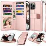 NJJEX Wallet Case for iPhone 14 6.1 2022 for iPhone 14 Case [9 Card Slots] PU Leather ID Credit Holder Folio Flip [Detachable] Kickstand Magnetic Phone Cover & Lanyard for iPhone 14 [Rose Gold]