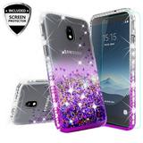 Liquid Glitter Bling Diamond Phone Case For Galaxy J3 2018 Case Galaxy J3 Orbit Case Galaxy J3 Star Case Galaxy J3 V 2018/J3 Achieve/J3 Aura/Express Prime 3/Amp Prime 3 Case - Purple/Clear
