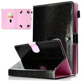 Allytech Universal Case for 6.5 -7.5 Tablet PU Leather Glitter Multi Angle Stand Slim Folio Pencil Holder Cards Slots Wallet Case Cover for Fire 7 RCA Samsung ASUS Acer iRulu iView Black