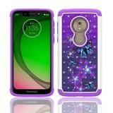 Phone Case for Straight Talk Moto g7 Optimo Prepaid Smartphone/ Moto G7 Play Studded Rhinestone Crystal Bling Dual Layer Shockproof Cover Case (Purple- blue butterfly)