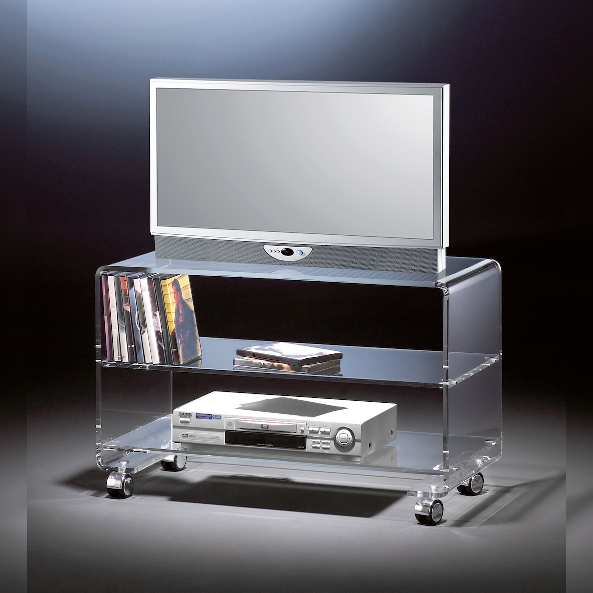 Hochwertiger Acryl-Glas TV-Wagen / TV-Tisch mit 4 verchromten Rollen, klar, 80 x 40 cm, H 50 cm, Acryl-Glas-Stärke 10 mm Image