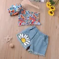 Ensemble de vêtements d'été pour filles t-shirt rayé à col fleuri + short en jean style coréen 2