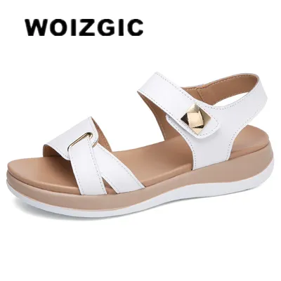 WOIZGIC – chaussures en cuir véritable pour femmes sandales plates souples boucle à crochet