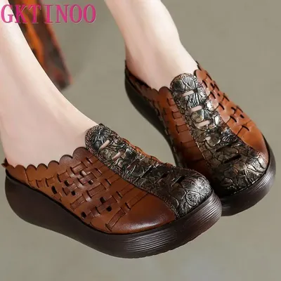GKTINOO-Pantoufles rétro en cuir véritable pour femmes chaussures faites à la main tongs sur la