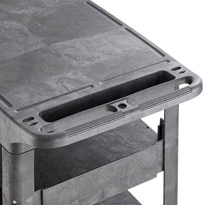 Lavex Large Black 3-Shelf Utility Cart with Flat Top, Built-In Tool Compartment, and Oversized Wheels