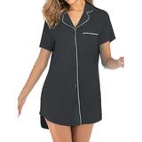 Women's Button Lapel Neck Sleep Shirt Dress Short Sleeve Nightgown Nightdress Pajamas Oversized Nightshirt Nightie Loungewear