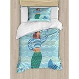 Mermaid Duvet Cover Set, Fish Tailed Woman Waving Happily on Abstract Doodle Waves Pastel Tones Illustration, Decorative Bedding Set with Pillow Shams, Multicolor, by Ambesonne