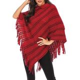 LELINTA Women Tassel Poncho Sweater Shawls Capes Irregular Hem Fringed Striped Pullover Wrap Coats Tops Outwear