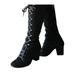 Women's Faux Suede Knee High Lace Up Chunky Block Stretch Leg Calf Boots