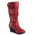 Pure-65 Women's Fashion Round Toe Slouch Large Buckle Wedge Mid Calf Boot Shoes