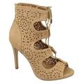 Delicious Women Stiletto Thin Skinny High Heels Back Zipper Peep Toe Caged Cut Out Gladiator Style Lace Up Yuta-S Sand Beige Tan 8