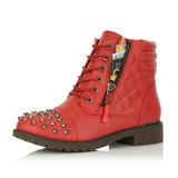 DailyShoes Women's Ankle Boots Combat Boot Low Heel Lace Up Zip Pocket Stud Rivet Punk Biker Exclusive Credit Card Studded Bootie Taylor-01 Red Pu 5.5