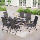 MFSTUDIO 7 Pieces Dining Set, 6 x Reclining Folding Sling Dining Chairs and 1 x Table with an Umbrella Hole