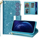 iPhone 6 Plus Case iPhone 6s Plus Case Allytech Bling Design PU Leather Kickstand Folio Flip Cards Slots Shockproof Magnetic Closure Wallet Case Cover for Apple iPhone 6S Plus/ iPhone 6 Plus Skyblue