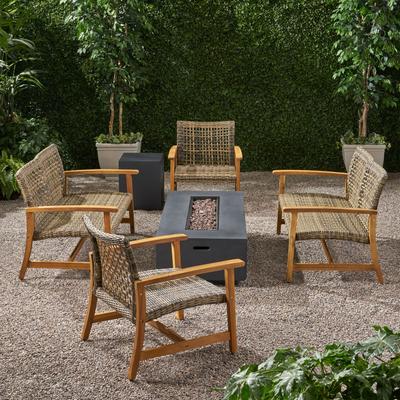 Augusta Outdoor Acacia Wood and Wicker 6 Seater Chat Set with Fire Pit by Christopher Knight Home