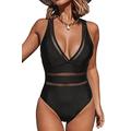 Beachsissi Women V Neck Bathing Suits Cross Back Padded Beachsuits Solid Color Mesh Patchwork One Piece Swimwear, Black, XL