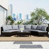 uhomepro 5-Piece Patio Curved Sectional Sofa Set 8-Seater Outdoor Half-Moon Sectional Furniture Set with Tempered Glass Table Wicker Conversation Set PE Rattan Armless Sofa Set Gray