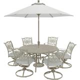 Hanover Traditions 7-Piece Outdoor Patio Dining Set 6 Cushioned Swivel Chairs 60 Cast Aluminum Table Umbrella All-Weather