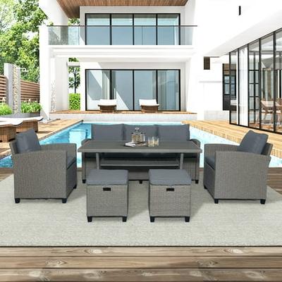 Patio Conversation Set 6 Piece Outdoor Furniture Sets With 3 Seat Sofa Wicker Chairs Stools Dining Table All Weather Gray Cushions For Backyard Garden Pool L4837 From - All Weather Patio Table Set