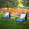 Patio 3-Piece Conversation Black Wicker Furniture-Two Chairs with Glass Coffee Table Dark Blue
