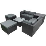 Outdoor Wicker Patio Set 6 Piece Patio Conversation Set with Table Storage Box Two 2-Seat Sofas 2 Ottomans PE Rattan Patio Chat Set Furniture Set with Gray Cushions for Garden LLL504