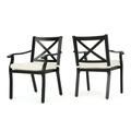 Eowyn Outdoor Cast Aluminum Dining Chairs with Ivory Water Resistant Cushions Set of 2 Black