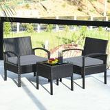 Costway 3PCS Patio Rattan Furniture Set Coffee Table Conversation Sofa Cushioned Gray