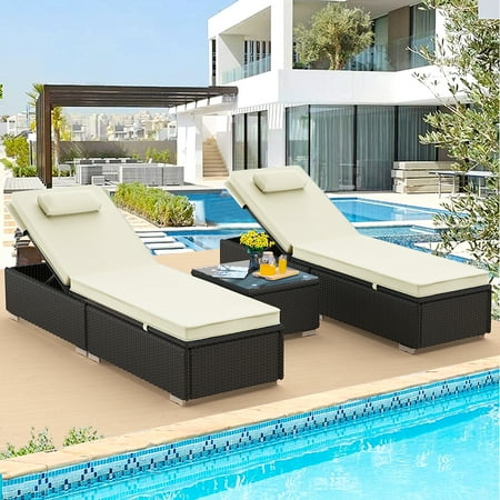 3 Pieces Outdoor Patio PE Wicker Chaise Lounge Set Adjustable Reclining Lounge Chairs with Matching Table Outdoor Sun Lounger with Removable Cushions for Patio Poolside Backyard Porch Garden B23