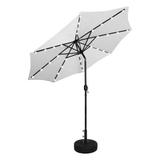 WestinTrends Cyrus 9 Ft Outdoor Patio Umbrella with Base Include Solar Powered 32 LED Light Umbrella with Tilt and Crank 20 inch Fillable Black Round Base White