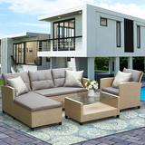 SEGMART Patio Rattan Sectional Couch Set 4 Piece Outdoor Wicker Furniture Set Elegant Cushioned Sofa Set Conversation Chair Set with Coffee Table & Seat Cushions for Yard Balcony Lawn Pool