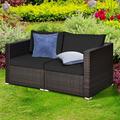 Gymax 2PCS Rattan Corner Sofa Set Patio Outdoor Furniture Set w/ 4 Black Cushions