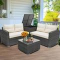 Rattan Patio Sofa Set 4 Pieces Outdoor Sectional Furniture Set All-Weather PE Rattan Wicker Patio Conversation Set Cushioned Sofa Set with Glass Table & Storage Box for Patio Garden Poolside Deck