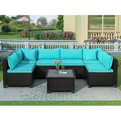 Must Have Patio Sectional Sofa Sets Clearance 7 Piece Patio Furniture Sets With 6 Pe Wicker Chairs Polywood Dining Table 2 Pillows All Weather Rattan Outdoor Sectional Sofa Set With Cushions For Backyard