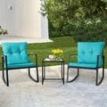 SUNCROWN Outdoor 3-Piece Rocking Bistro Set Black Wicker Furniture-Two Chairs with Glass Coffee Table (Light Blue Cushion)
