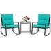 SUNCROWN Outdoor 3-Piece Rocking Bistro Set Black Wicker Furniture-Two Chairs with Glass Coffee Table (Light Blue Cushion)