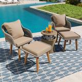 SYNGAR Patio Wicker Chairs Set 5 PCS Patio Furniture Set with Coffee Table Ottoman Footrest and Blue Cushions Outside Sectional Sofa Set Porch Balcony Lawn Pool Conversation Set GE034