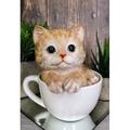 Ebros Lifelike Orange Tabby Cat Teacup Statue 5.75 H with Adorable Glass Eyes