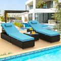 SEGMART 3 Pieces Outdoor Rattan Wicker Lounge Chairs Set Adjustable Reclining Backrest Lounger Chairs and Table Modern Rattan Chaise Chairs with Table & Cushions Pool Yard Deck - Blue
