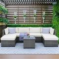 Clearance! Patio Outdoor Furniture Sets 7 Pieces All-Weather Rattan Sectional Sofa with Tea Table and Cushions PE Rattan Wicker Sofa Couch Conversation Set for Garden Backyard Poolside B4526