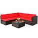 Patiojoy 6PCS Wicker Patio Sectional Conversation Furniture Set with Coffee Table & Seat Cushions Red