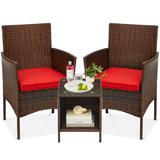 Best Choice Products 3-Piece Outdoor Wicker Conversation Patio Bistro Set w/ 2 Chairs Table - Brown/Red