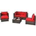 Patiojoy 6PCS Rattan Patio Furniture Set Cushioned Sofa Chair Ottoman Red