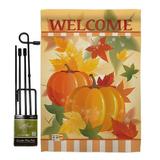 Breeze Decor BD-HA-GS-113038-IP-BO-D-IM10-BD 13 x 18.5 in. Welcome Fall Pumpkins Harvest & Autumn Vertical Double Sided Mini Garden Flag Set with Banner Pole