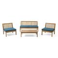 Noble House Caswell 4 Piece Outdoor Acacia Wood Conversation Set in Dark Teal