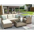 Outdoor Garden Patio Sectional Sofa Sets SEGMART 4 Pieces Modern Wicker Furniture Set with Storage Tempered Glass Coffee Table Armchair Conversation Sets for Porch Poolside Backyard S8537