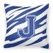 Carolines Treasures CJ1034-JPW1414 Letter J Initial Tiger Stripe Blue and White Fabric Decorative Pillow 14Hx14W