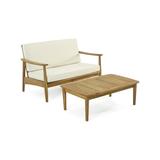 GDF Studio Emmry Outdoor Acacia Wood Loveseat Set with Coffee Table Teak and Beige